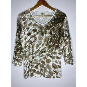 Jess & Jane Women's Medium Brown Beige White Abstract 3/4 Sleeve Top